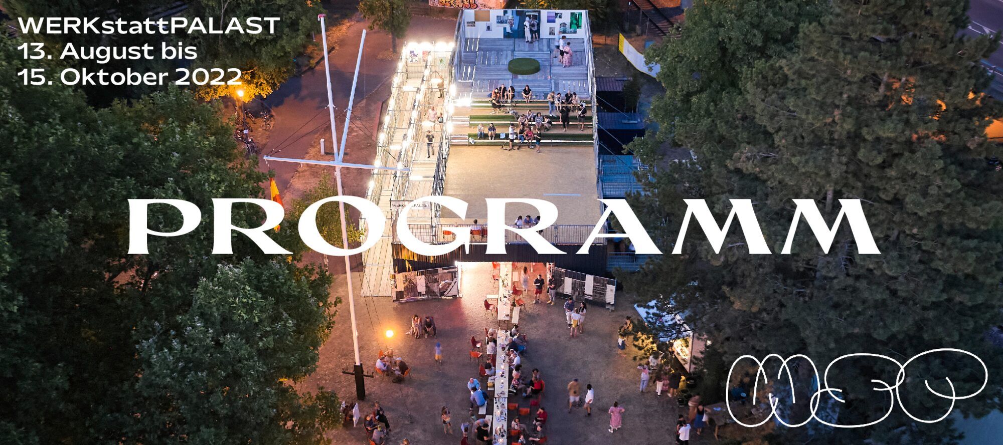 Querformatiges Banner mit einem Nachtfoto des Gerüsts, darüber das Wort „Programm“ und das WSP-Logo.