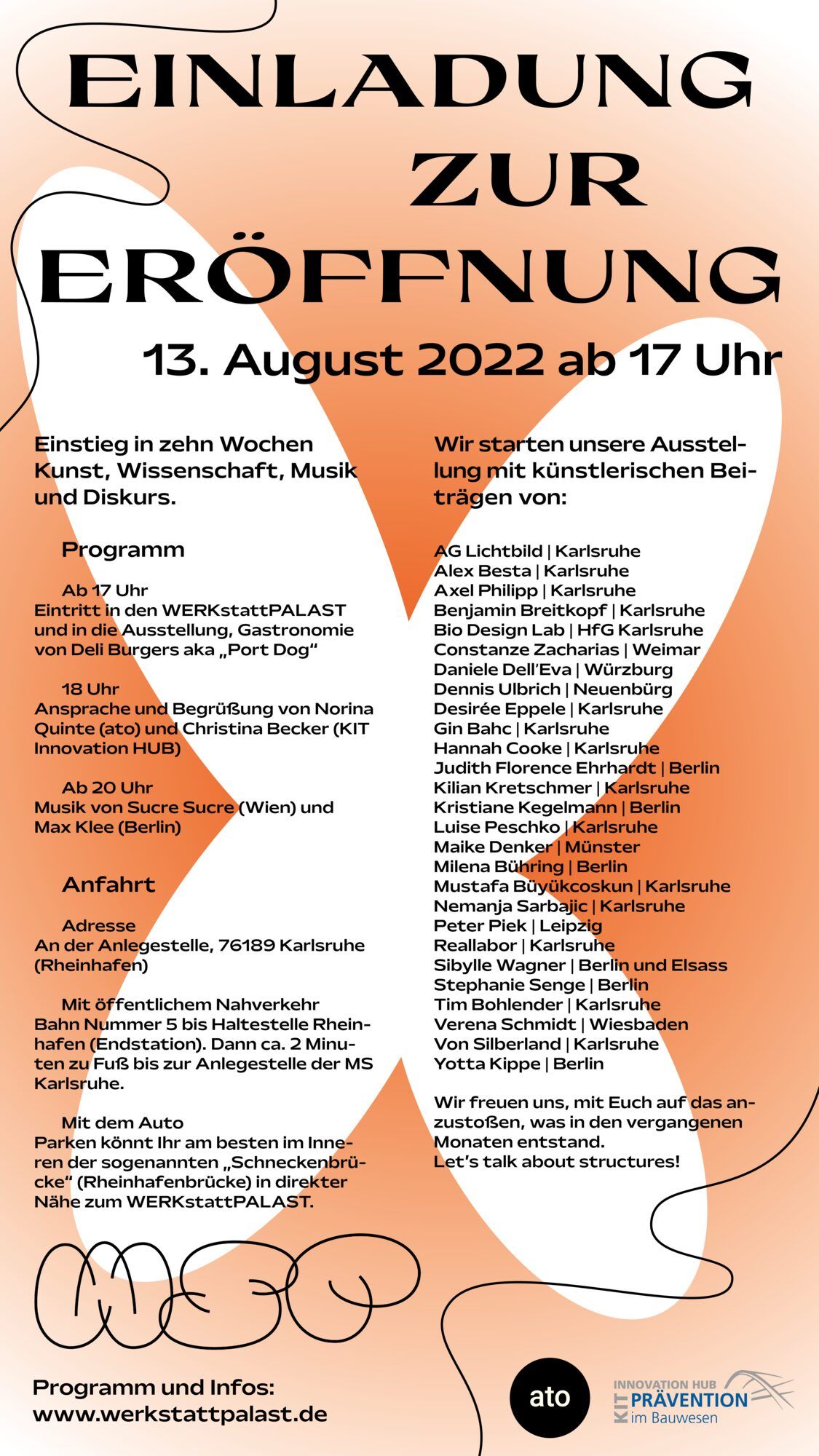 Hochformatige Einladung in Orange und Weiß mit der Überschrift „Einladung zur Eröffnung“ und dem Datum 13. August 2022.