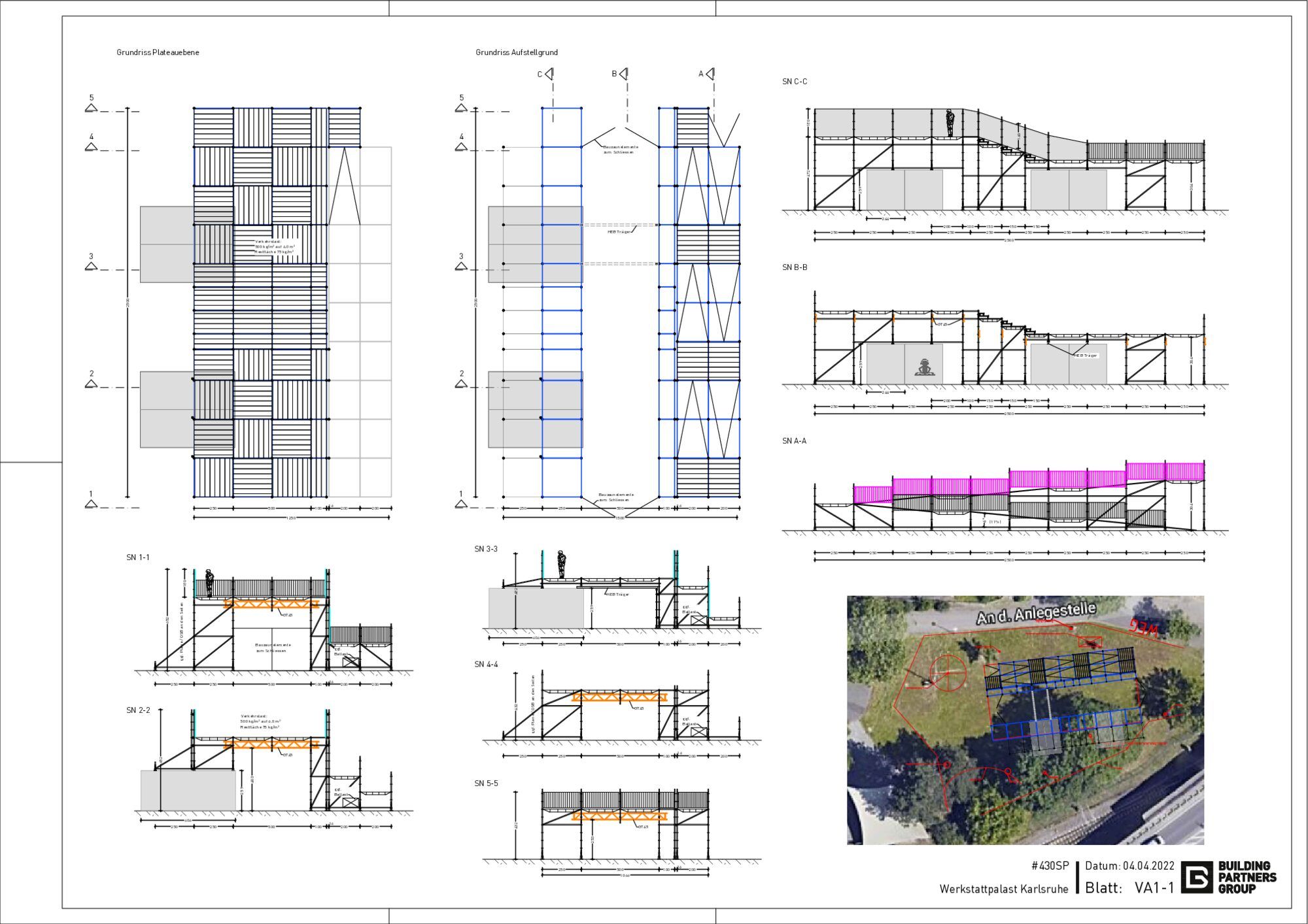 Technisches Planblatt mit Grundriss, Ansichten und einer 3D-Visualisierung des Gerüstbaus.