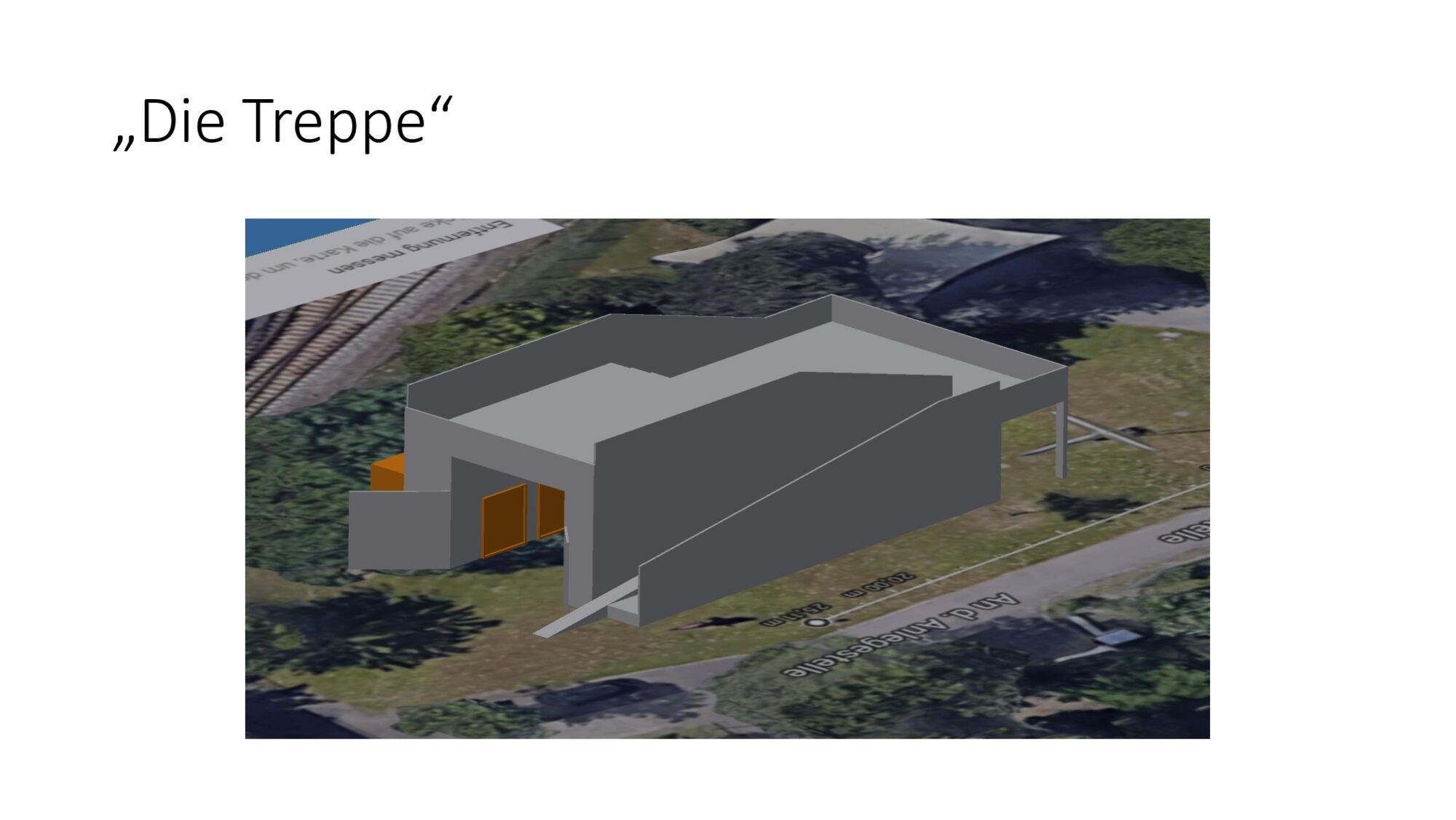 Einfache 3D-Visualisierung eines kastenförmigen Baus mit Treppe an der Hafenkante.