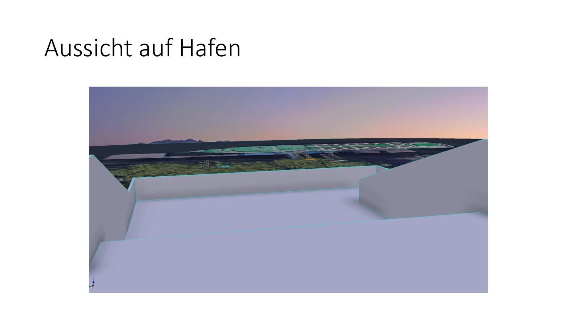 3D-Ansicht von einer Plattform mit Blick über eine Brüstung auf Wasser und Himmel.
