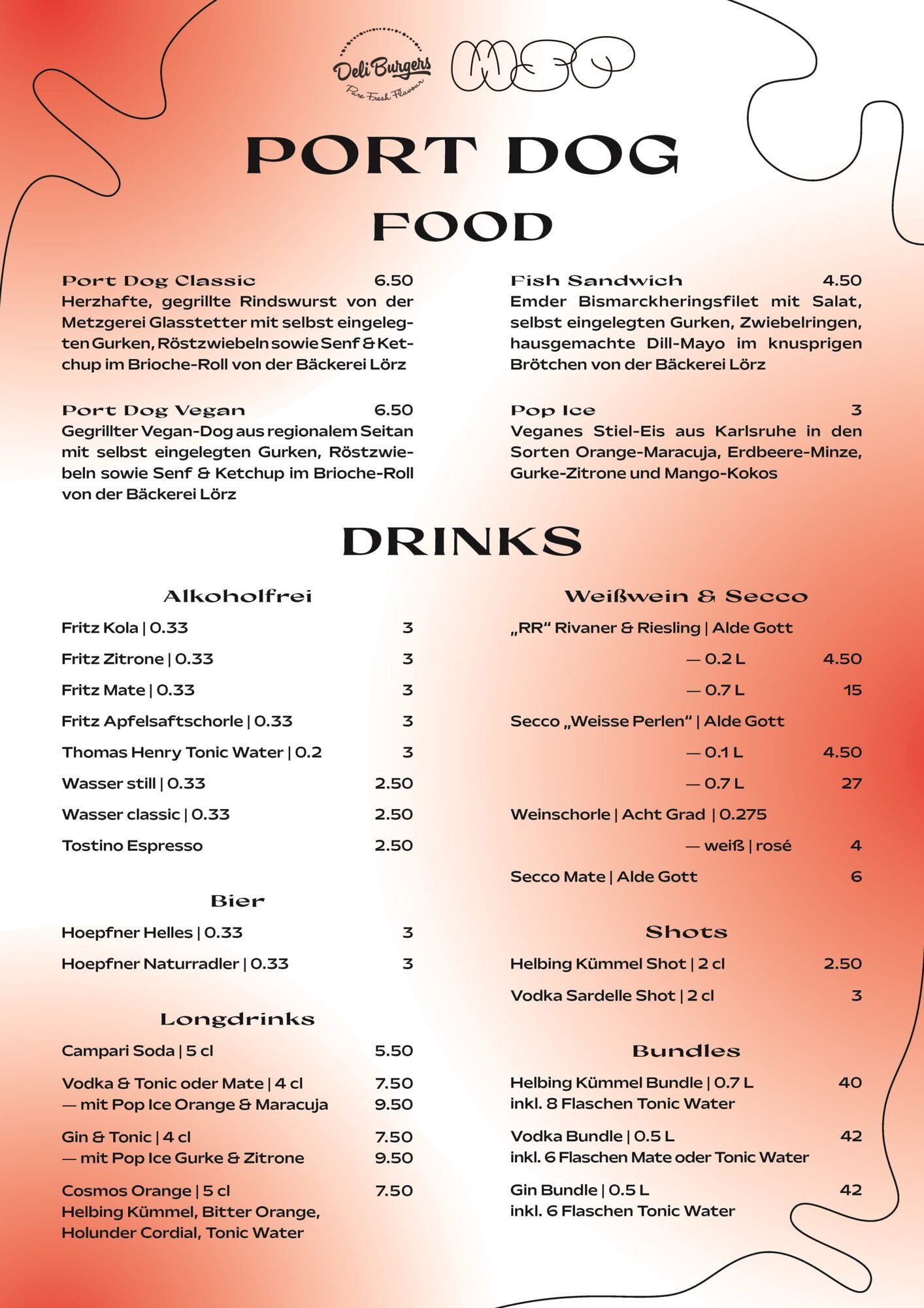 Karte mit rotem Verlauf und den Überschriften „Port Dog Food“ und „Drinks“, darunter Preislisten.