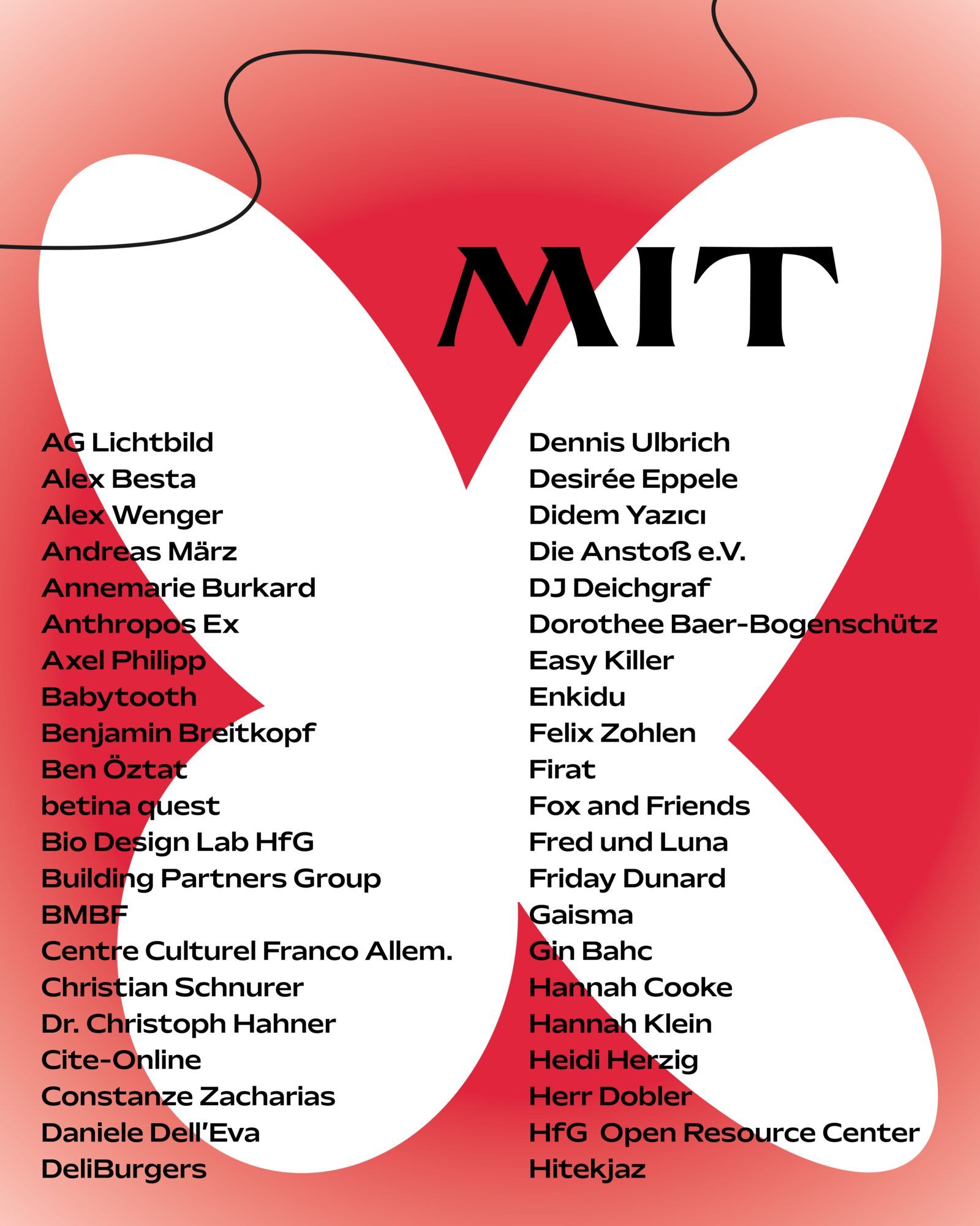Quadratische Grafik mit rotem Verlauf, weißer Kreuzform und dem Wort „Mit“, darunter zwei Spalten mit Namen.