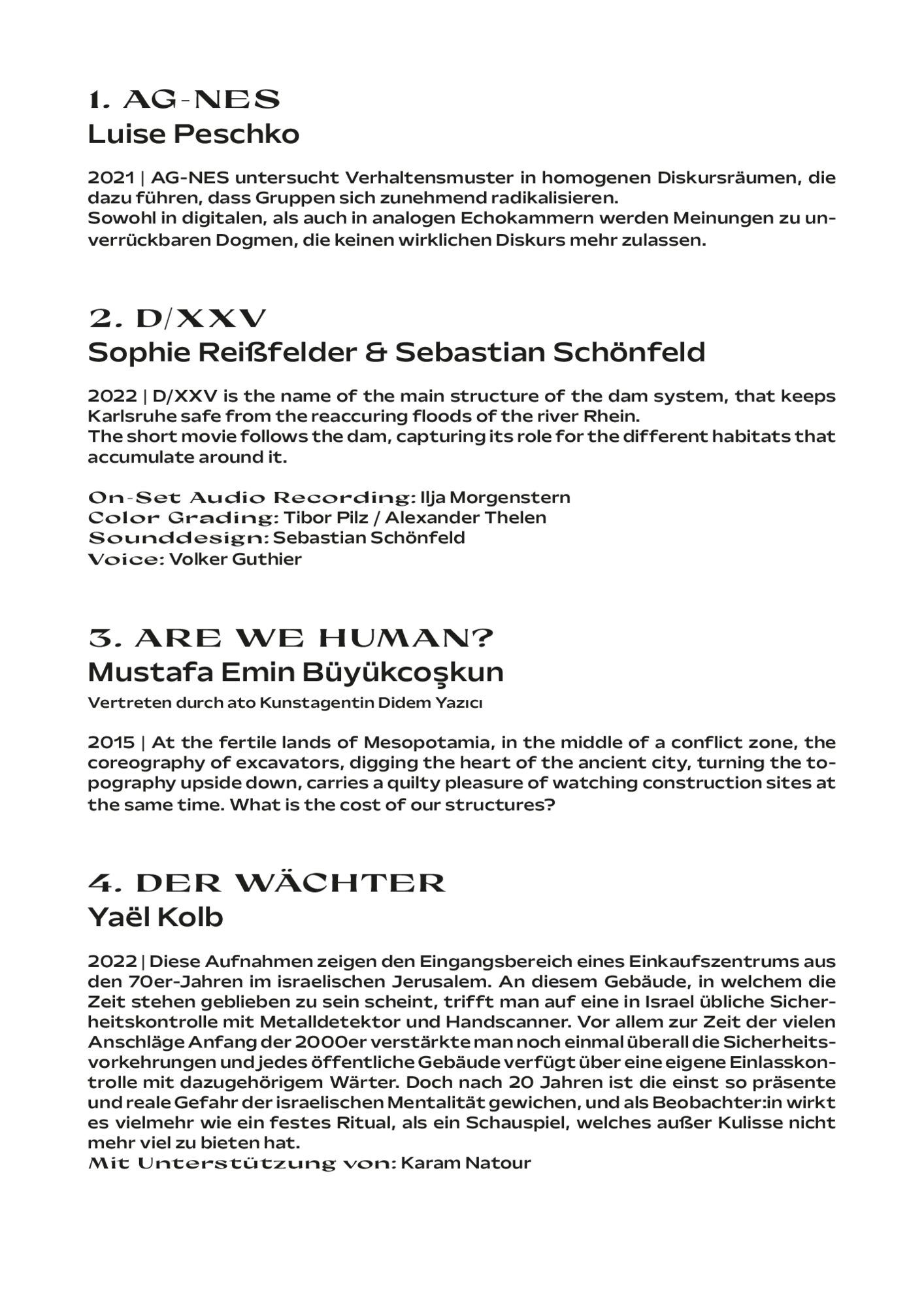 Weißes Textschild mit nummerierten Filmtiteln, Namen und kurzen Beschreibungen.