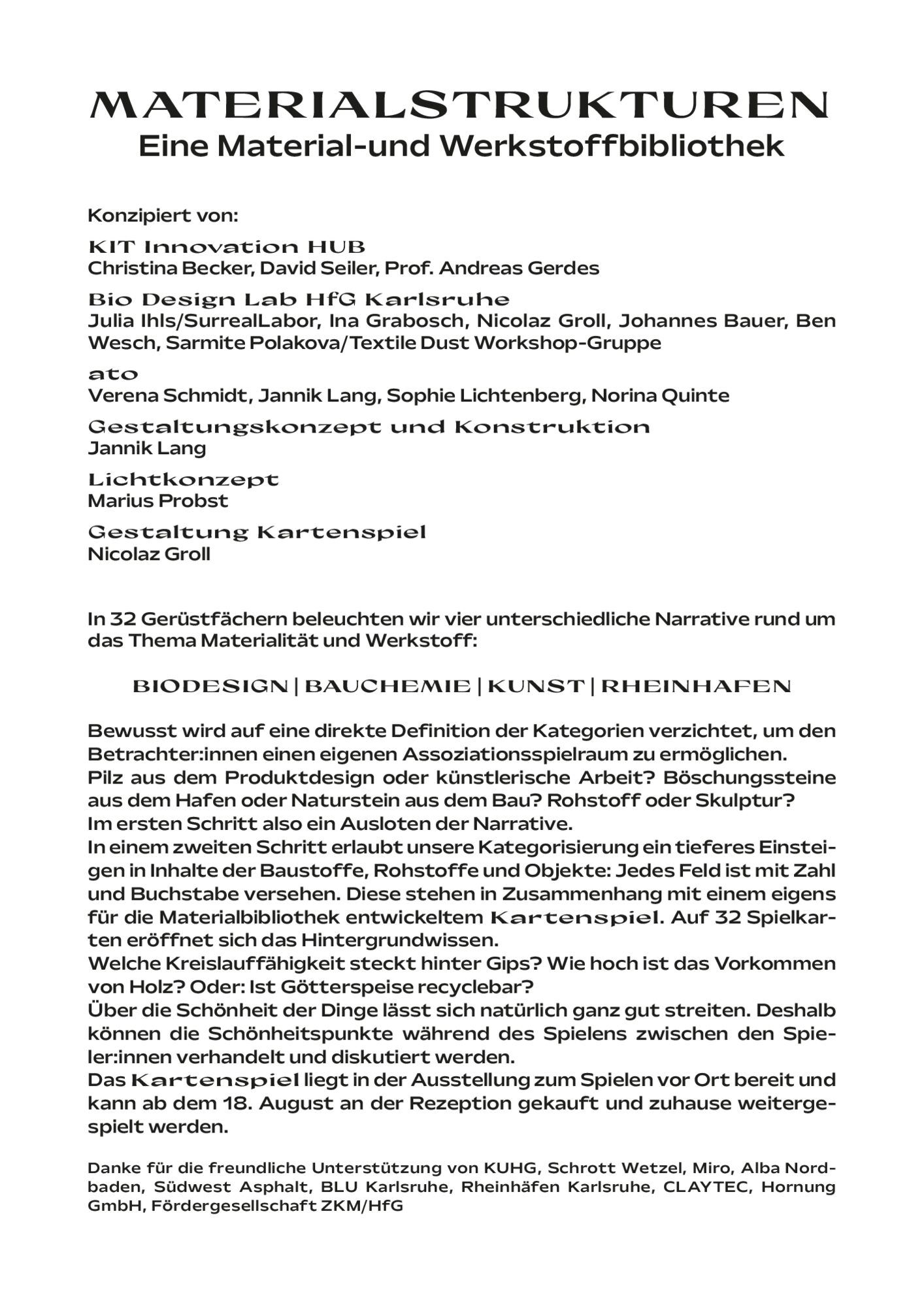 Weißes Textlabel mit der Überschrift „Materialstrukturen“ und mehreren Absätzen Fließtext.