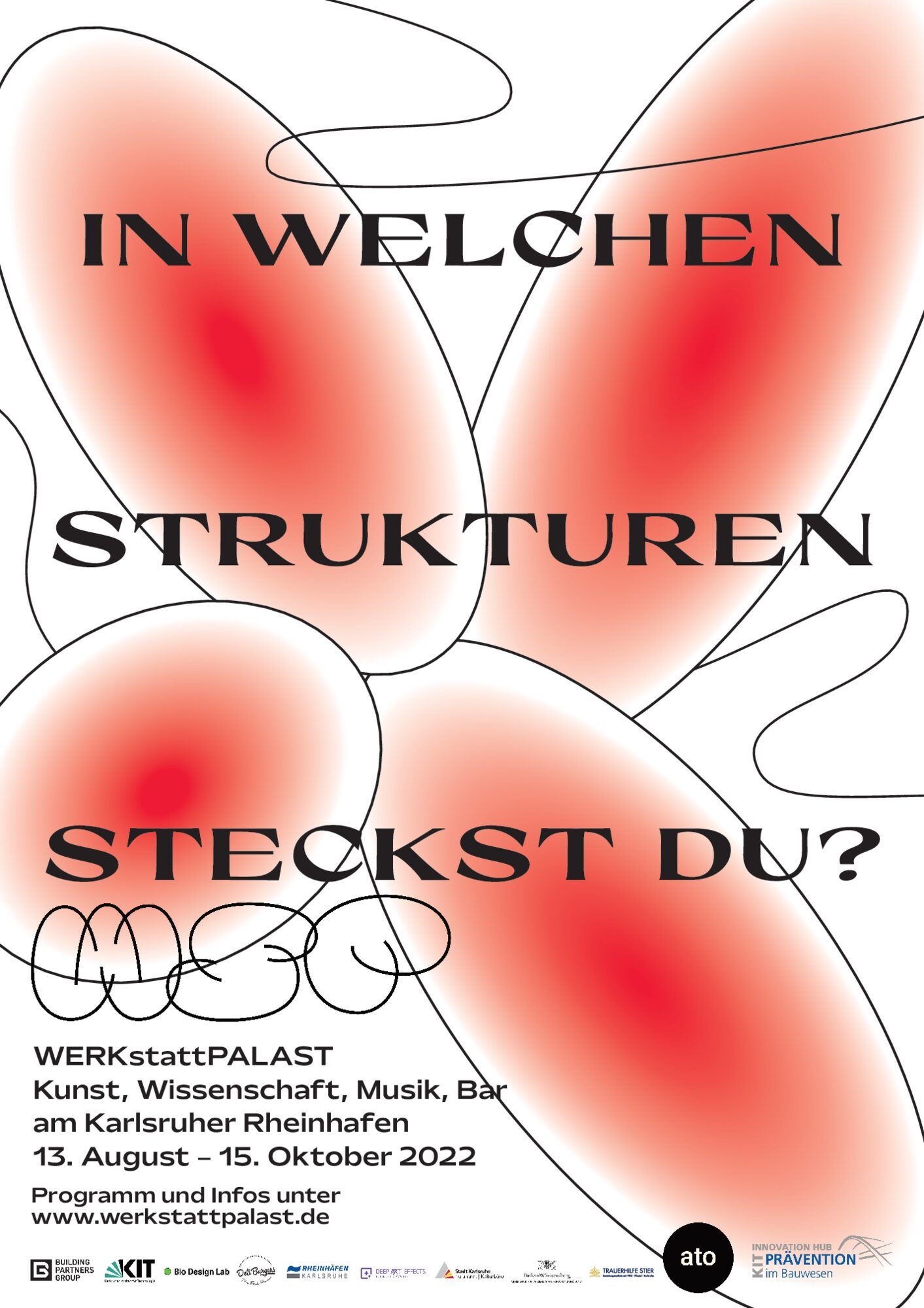 Plakat mit roten Verlaufsflecken und der Frage „In welchen Strukturen steckst du?“ in breiten Versalien, dazu WSP-Logo und Veranstaltungsdaten.