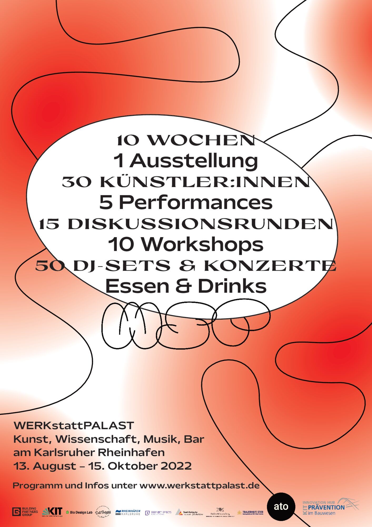 Orange-rotes Plakat mit weißer Kreuzform, darauf die Programmzahlen des WERKstattPALAST untereinander gesetzt.