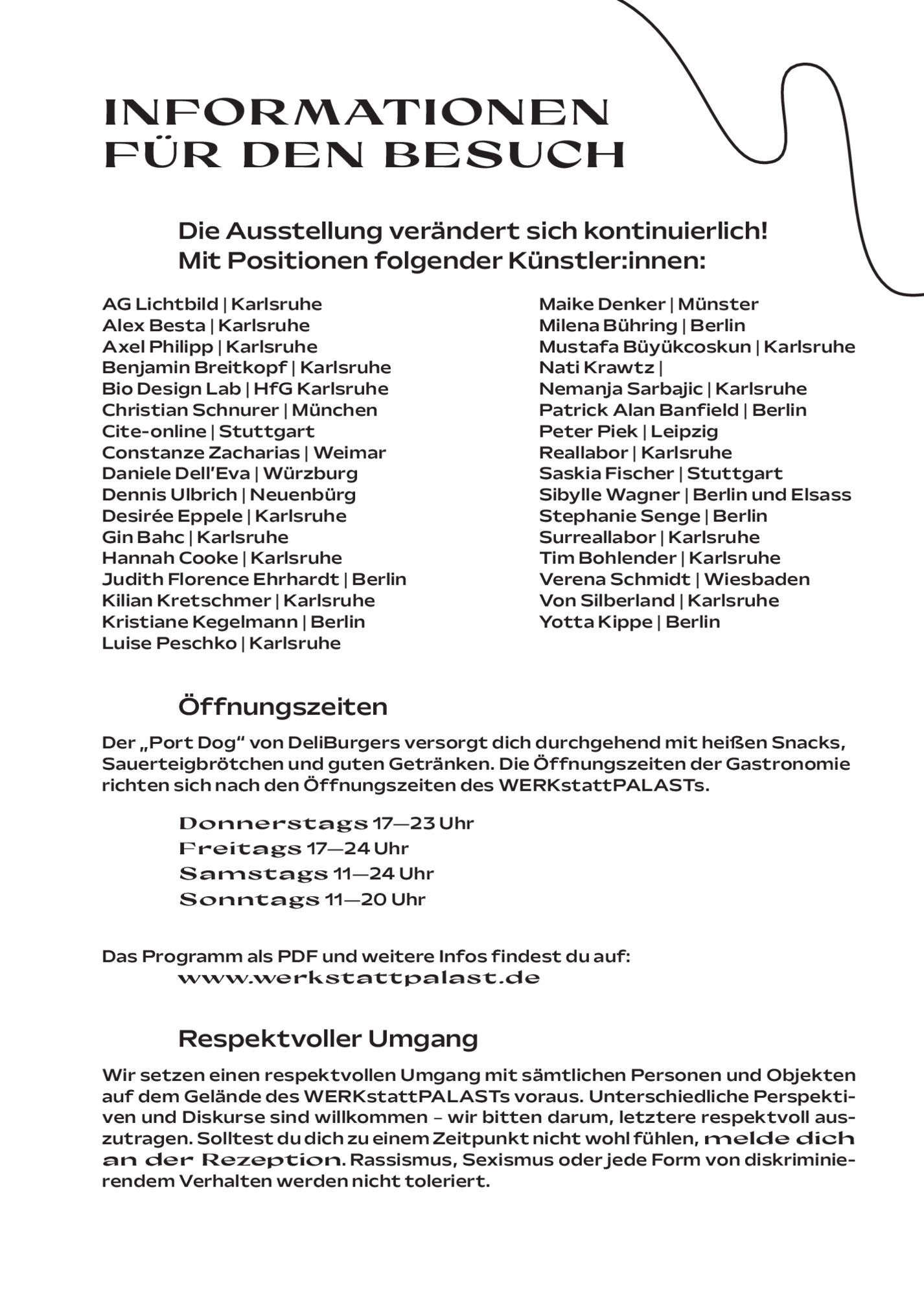Textseite mit der Überschrift „Informationen für den Besuch“, einer zweispaltigen Namensliste und Öffnungszeiten.