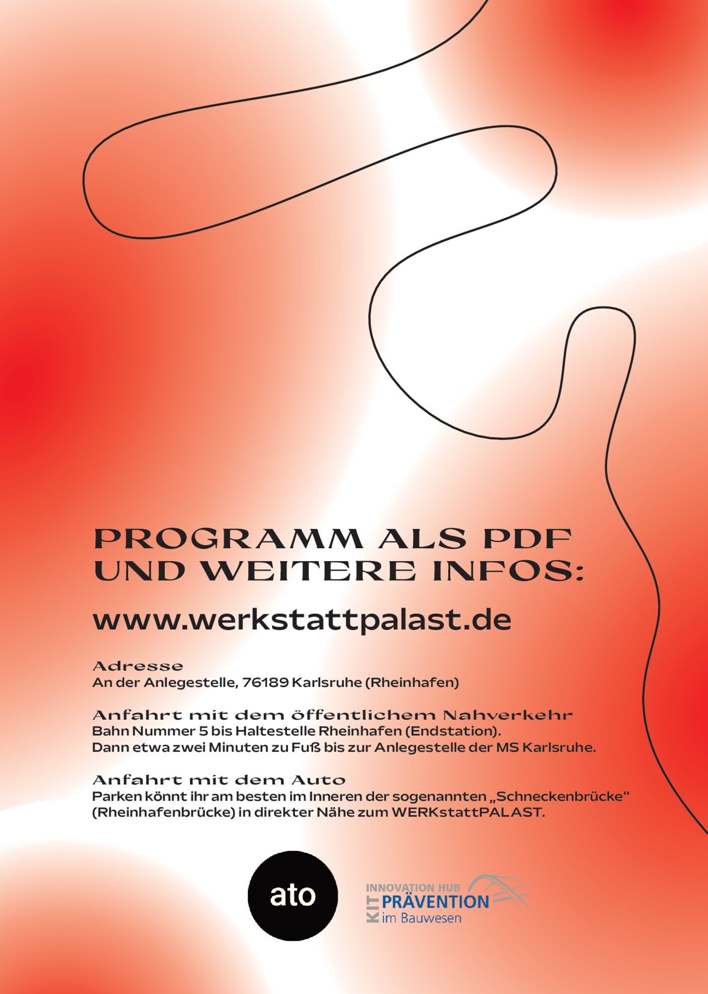 Rückseite mit rotem Verlauf, schwarzer Linie, dem Hinweis auf werkstattpalast.de und dem ato-Logo.