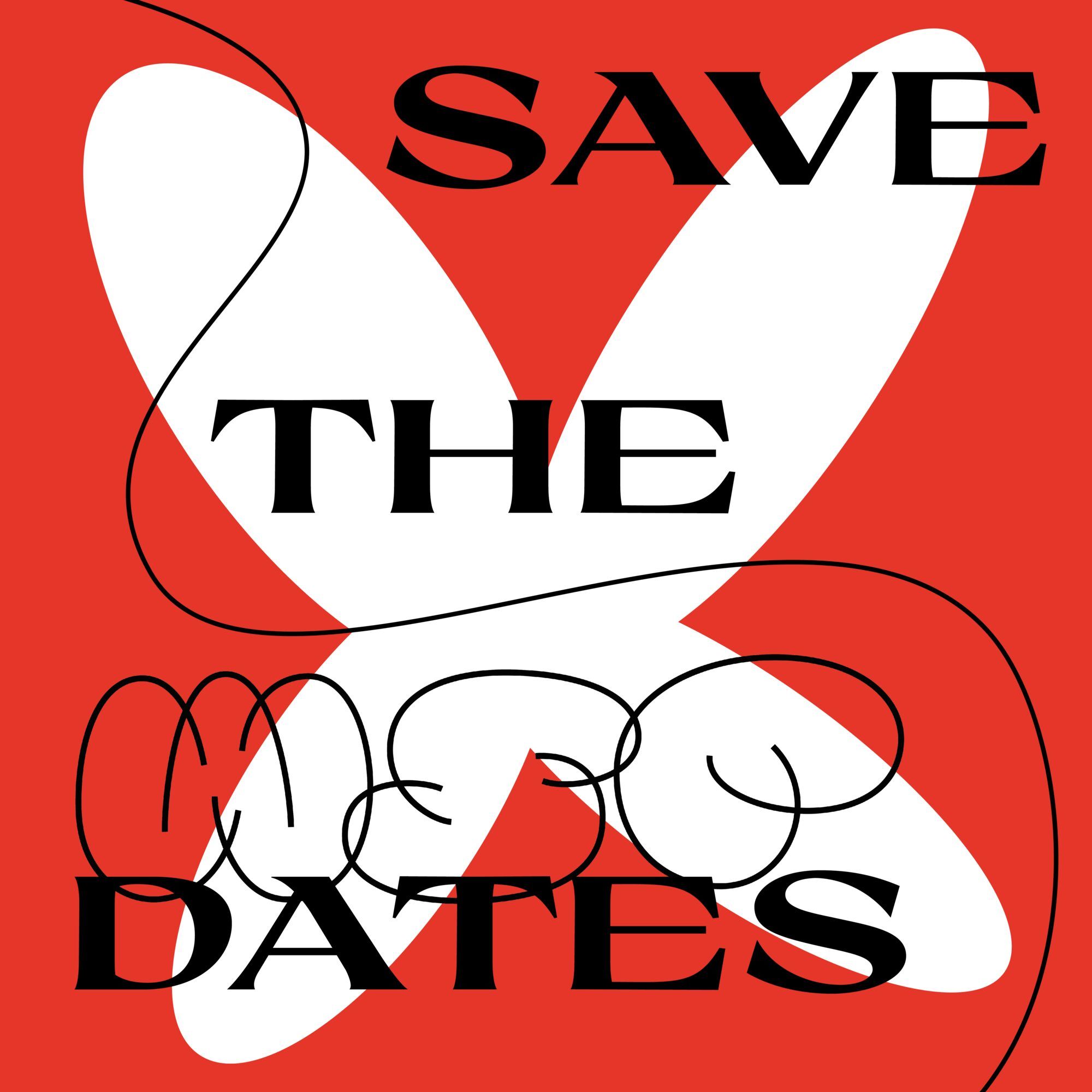 Rot-weiße Grafik mit „Save the Dates“ in breiten Versalien über einer weißen Kreuzform.