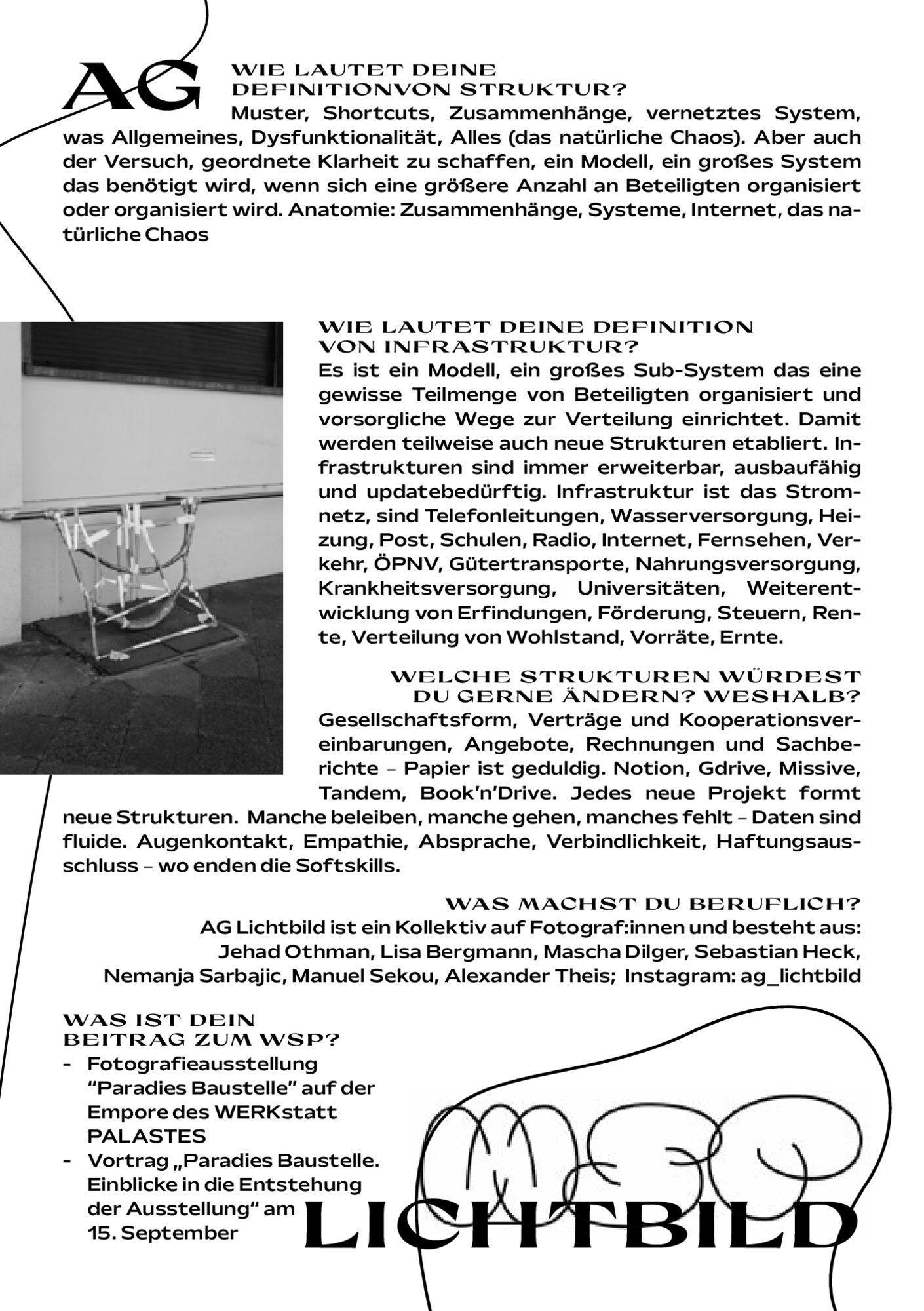 Textseite mit den Wörtern „AG“ und „Lichtbild“ in großen Versalien, Fragebogen-Antworten und einem Schwarzweißfoto.